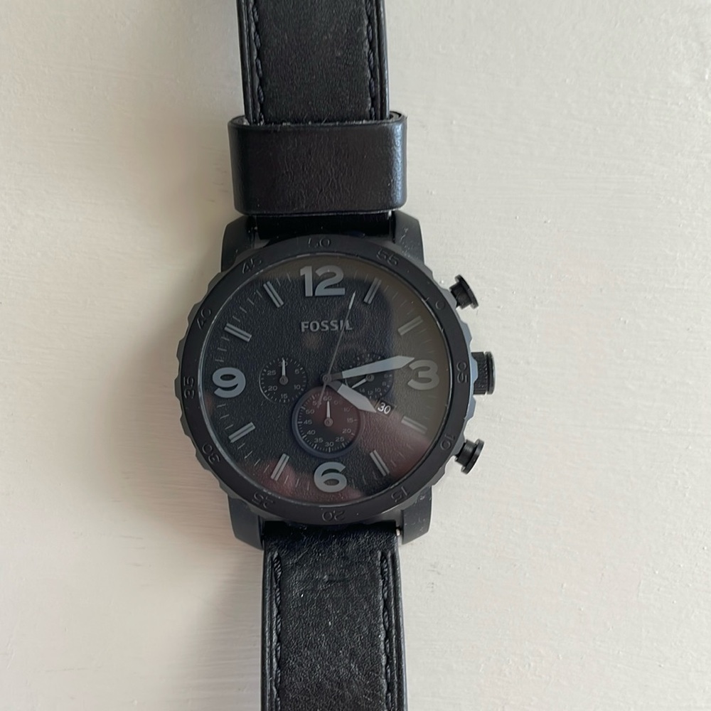 black fossil watch, leather band